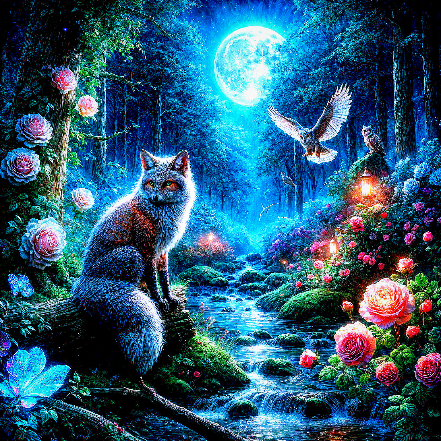 Majestic fox in a moonlit forest with roses and butterflies
