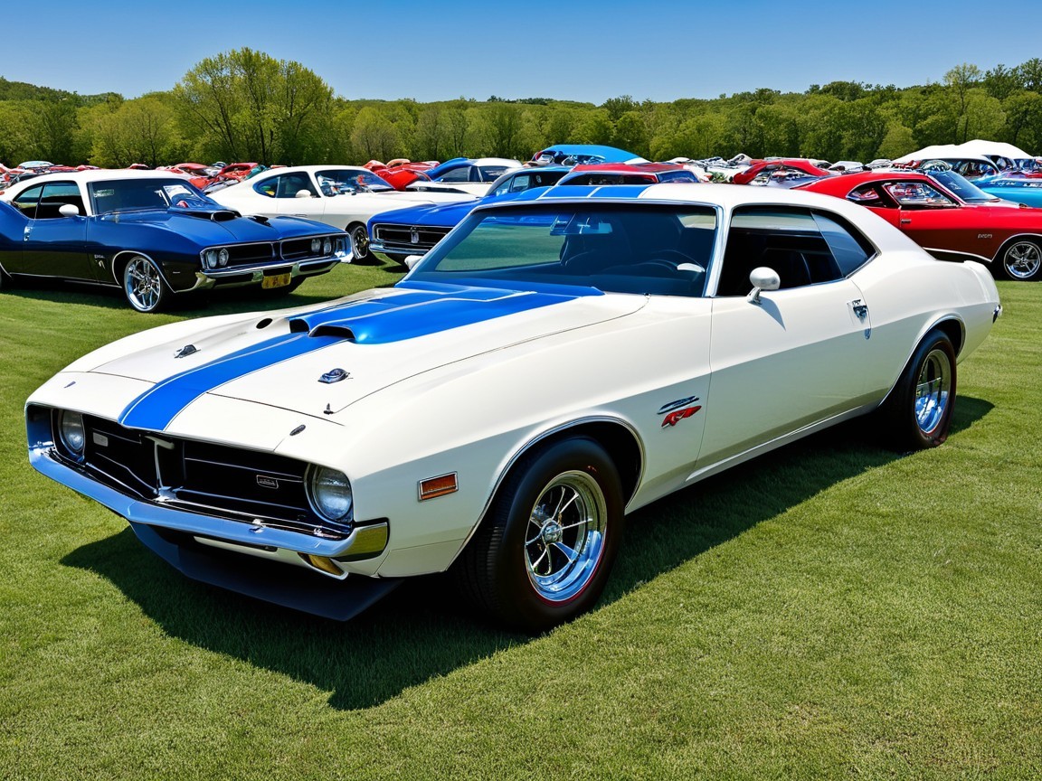 1970s Muscle Car with White Exterior and Blue Stripes