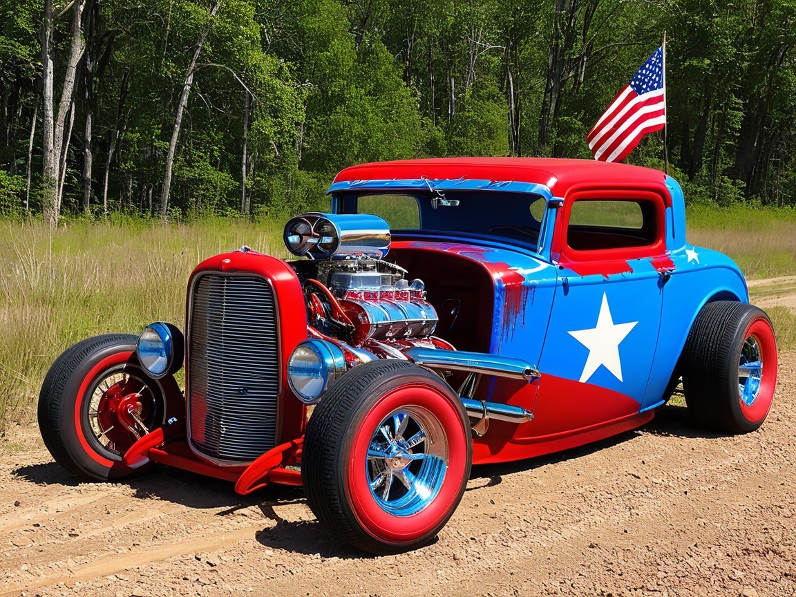 Classic Hot Rod with Red, Blue, and White Star Design