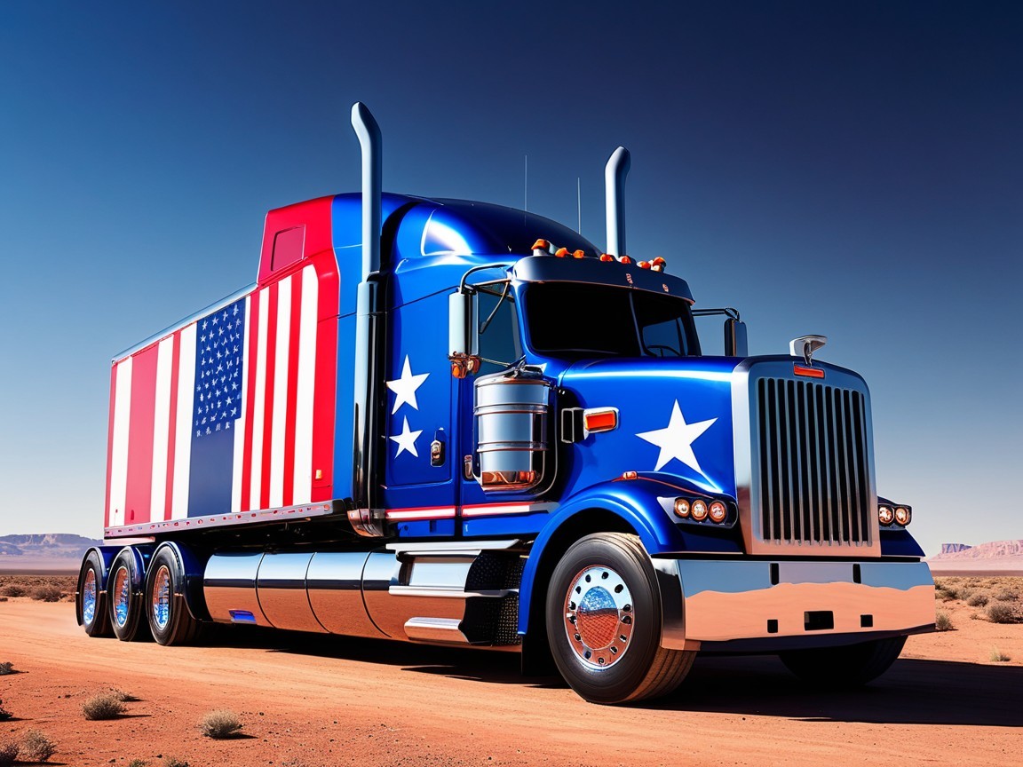Blue Truck with American Flag in Desert Landscape