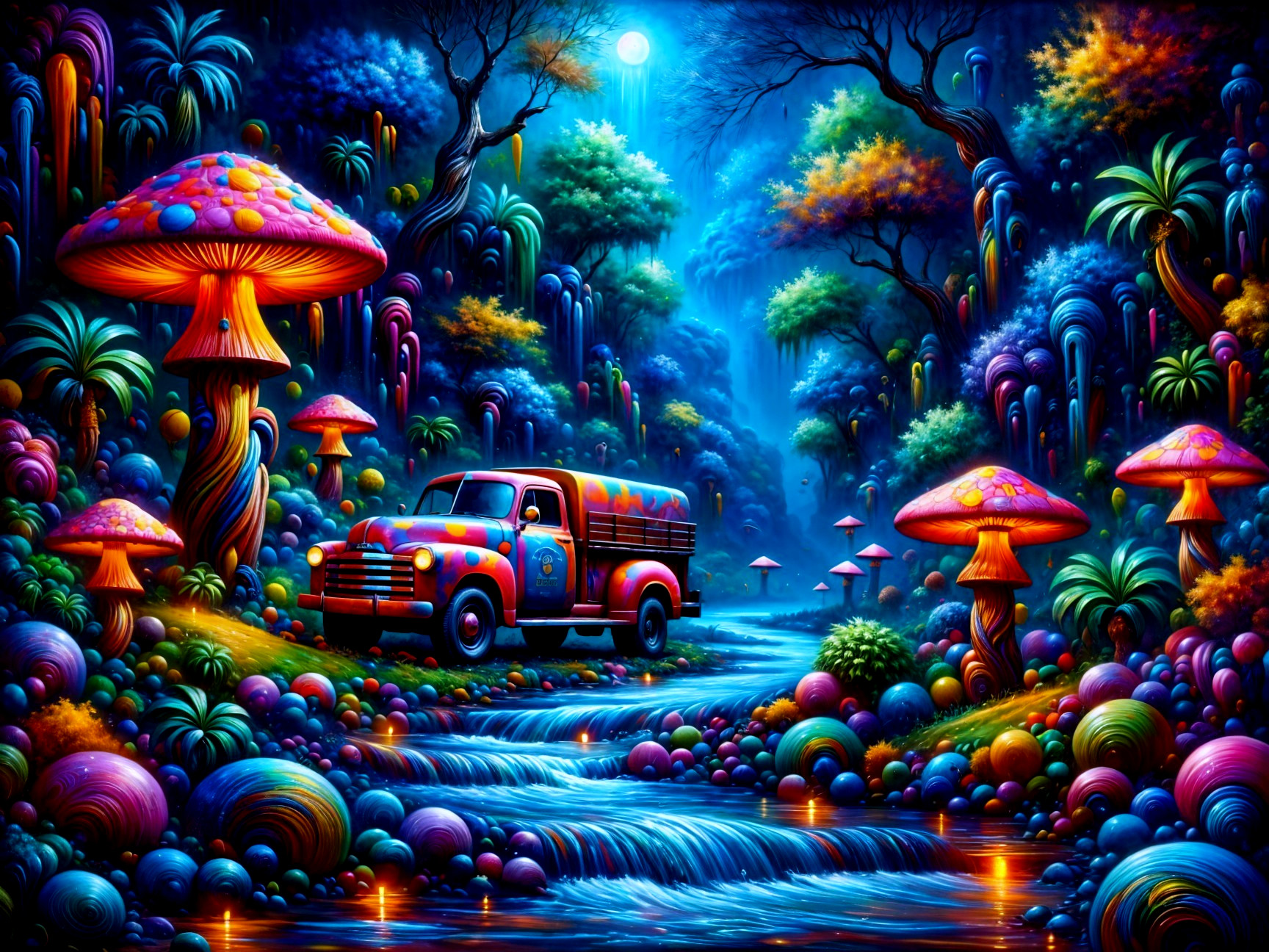 Mystical Forest with Colorful Mushrooms and Stream