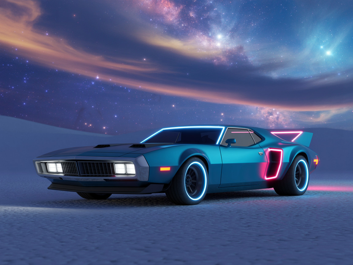 Retro-Futuristic Car in Turquoise on Surreal Landscape