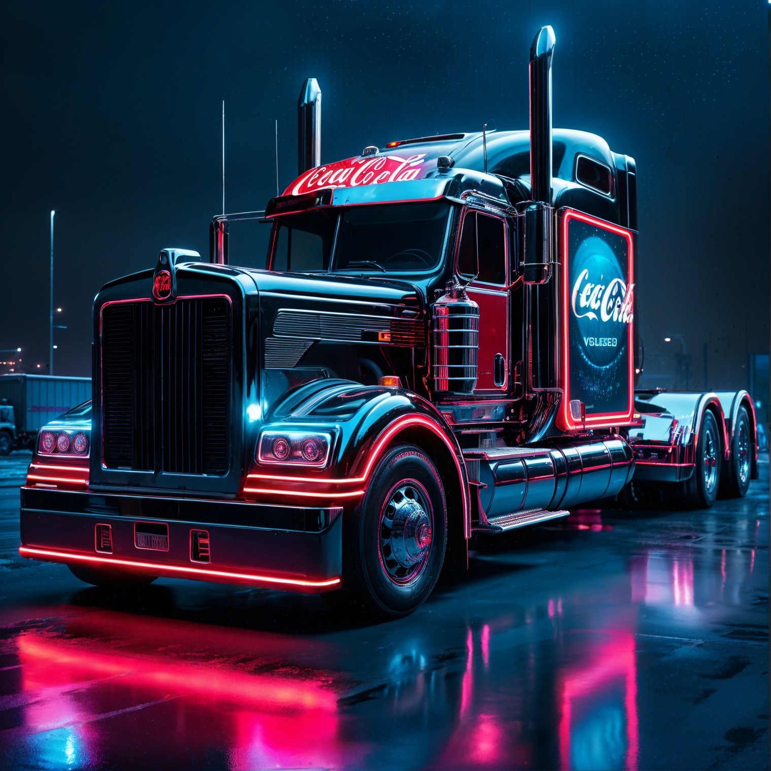 Illuminated Semi-Truck with Neon Lights in Urban Setting