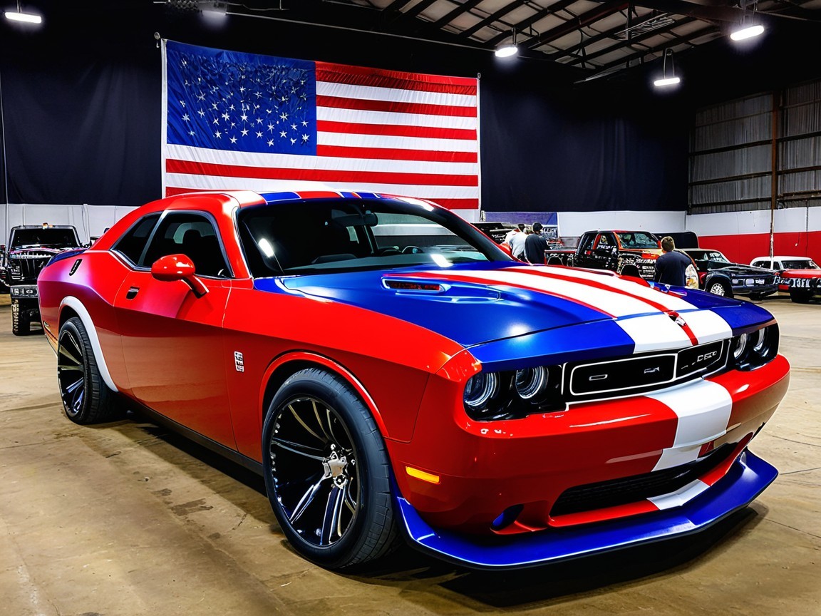 Vividly Colored Muscle Car with American Flag Backdrop