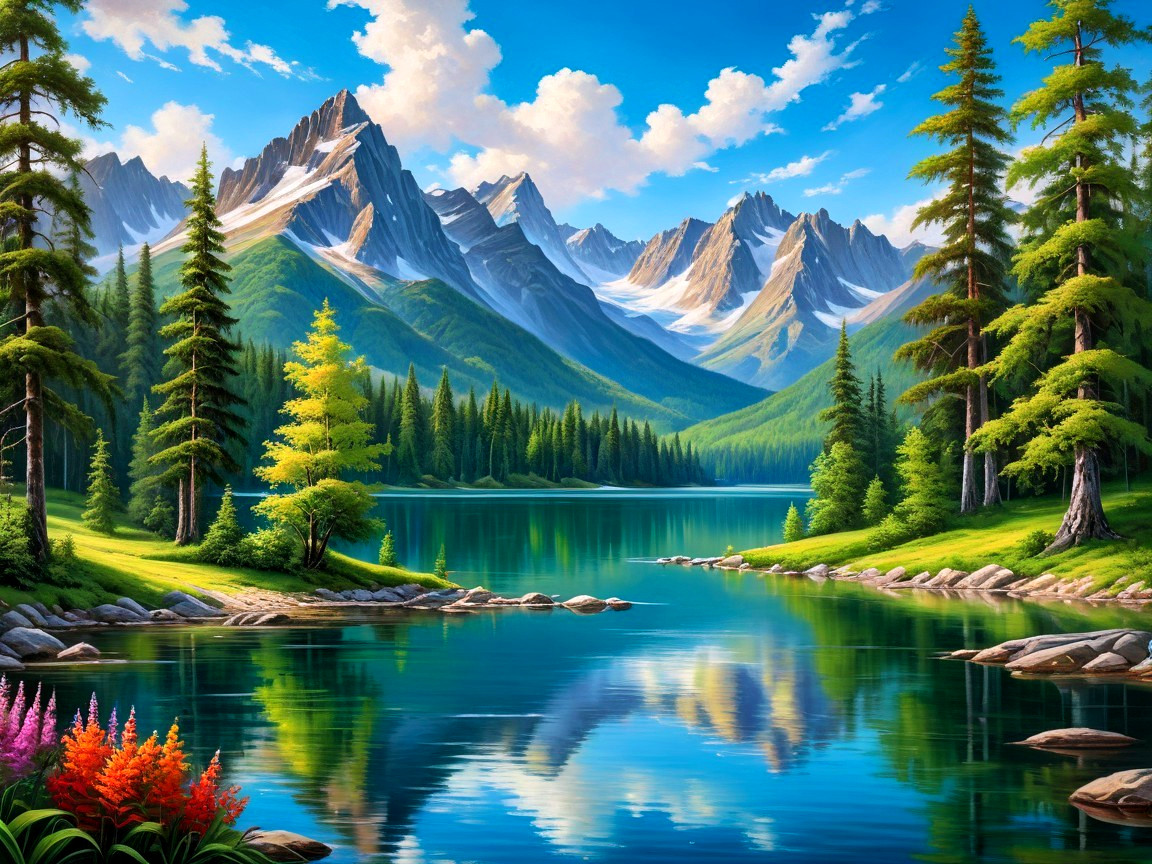 Tranquil Lake Surrounded by Majestic Mountains and Trees