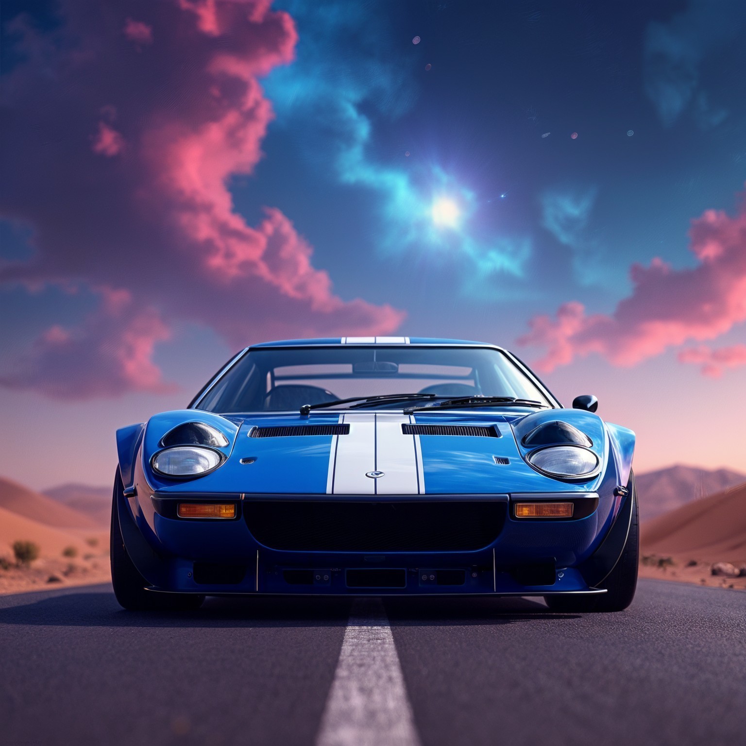 Blue Sports Car with White Stripes in Desert Landscape