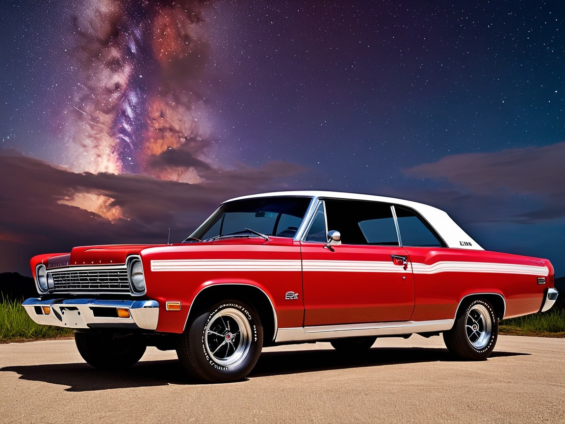 Classic Red and White Muscle Car Under Starry Sky