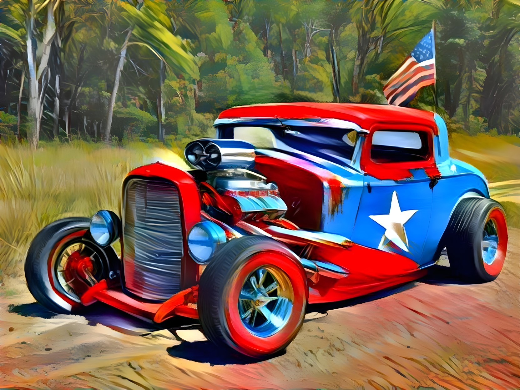 Vintage Hot Rod with Patriotic Design on Dirt Road