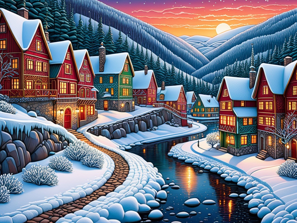 Stylized Winter Landscape with Village at Sunset