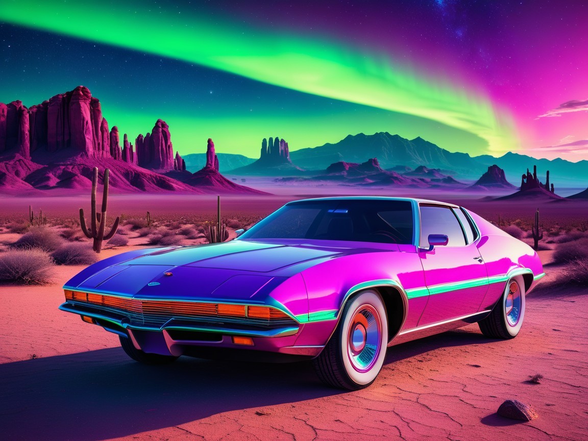 Retro Car in Desert Landscape with Aurora Sky