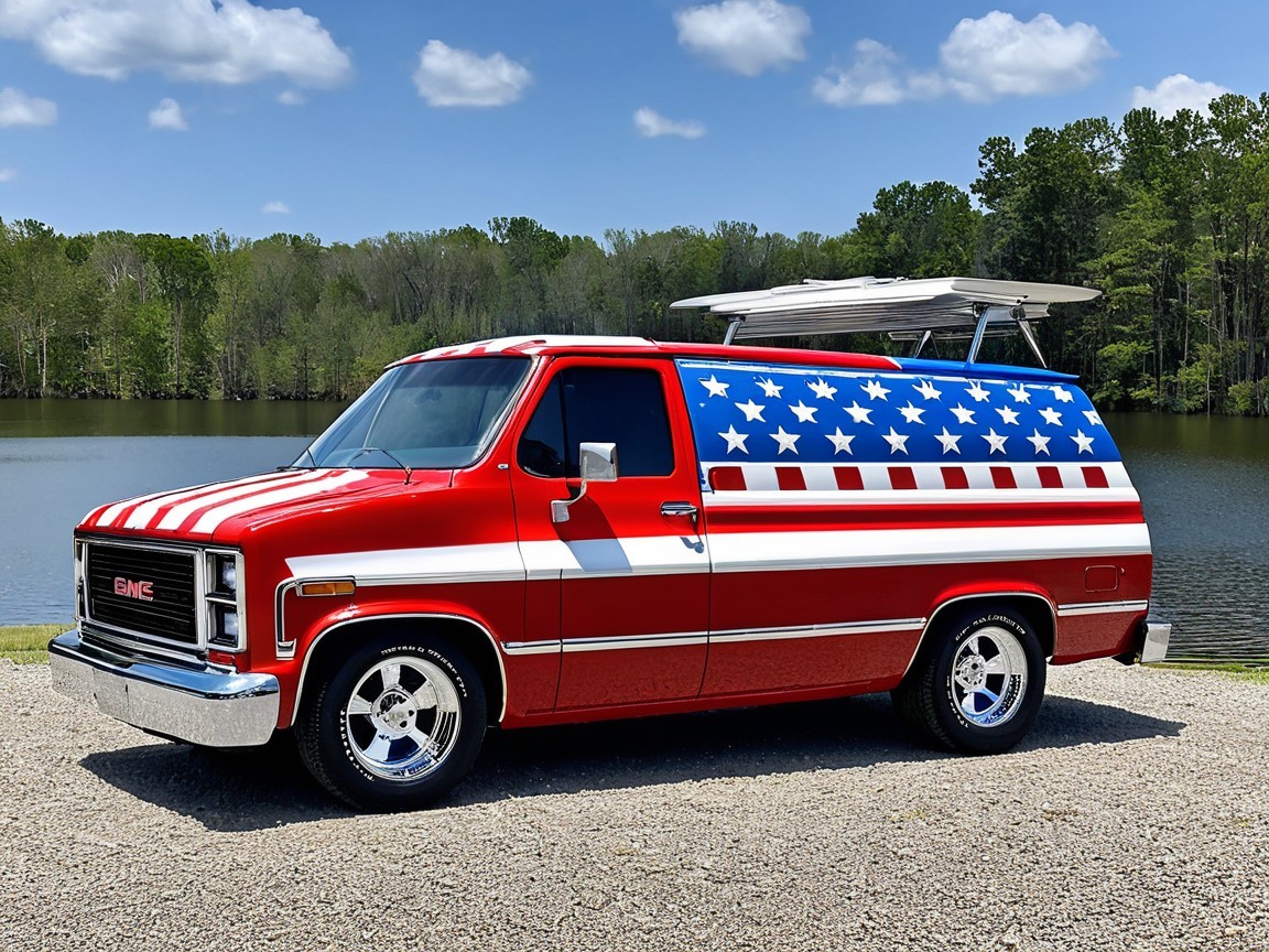 Vintage GMC Van by Serene Lake with Patriotic Design