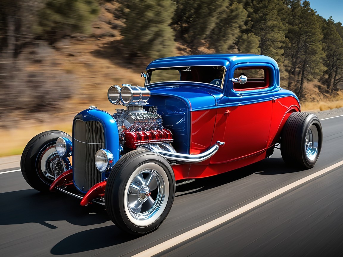 Classic Hot Rod with Blue and Red Paint Job on Road