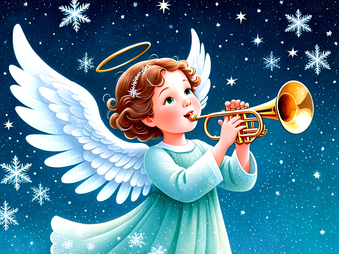 Whimsical angel with trumpet against starry night sky