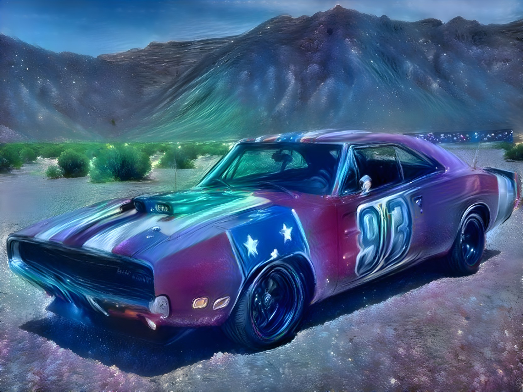 Vibrant Muscle Car in Desert Landscape at Night