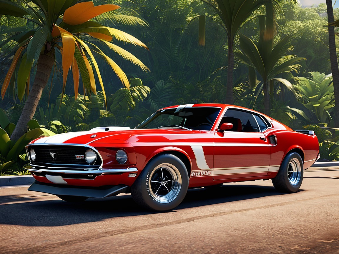 Classic Red and White Muscle Car on Tropical Street