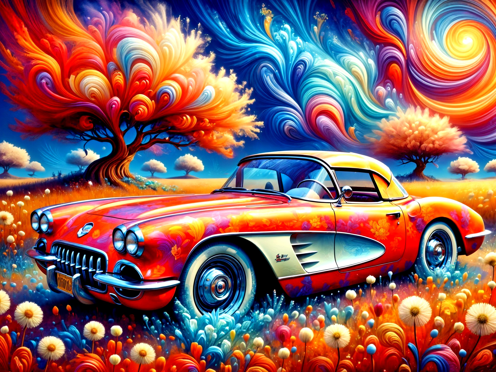 Vibrant Red Corvette in a Colorful Flower Field