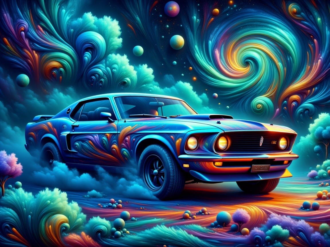 Vintage Muscle Car in Cosmic Psychedelic Landscape