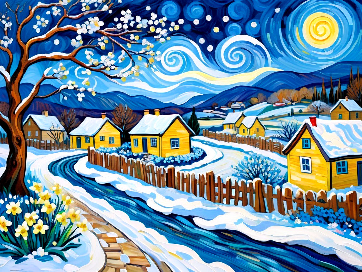 Detailed Oil Painting of a Winter Village Scene