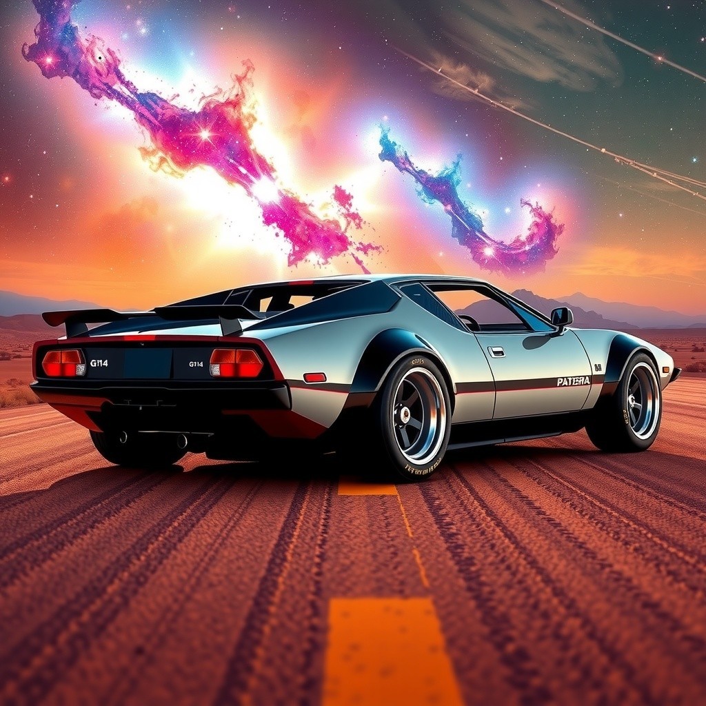 Classic Sports Car on Desert Highway with Cosmic Backdrop