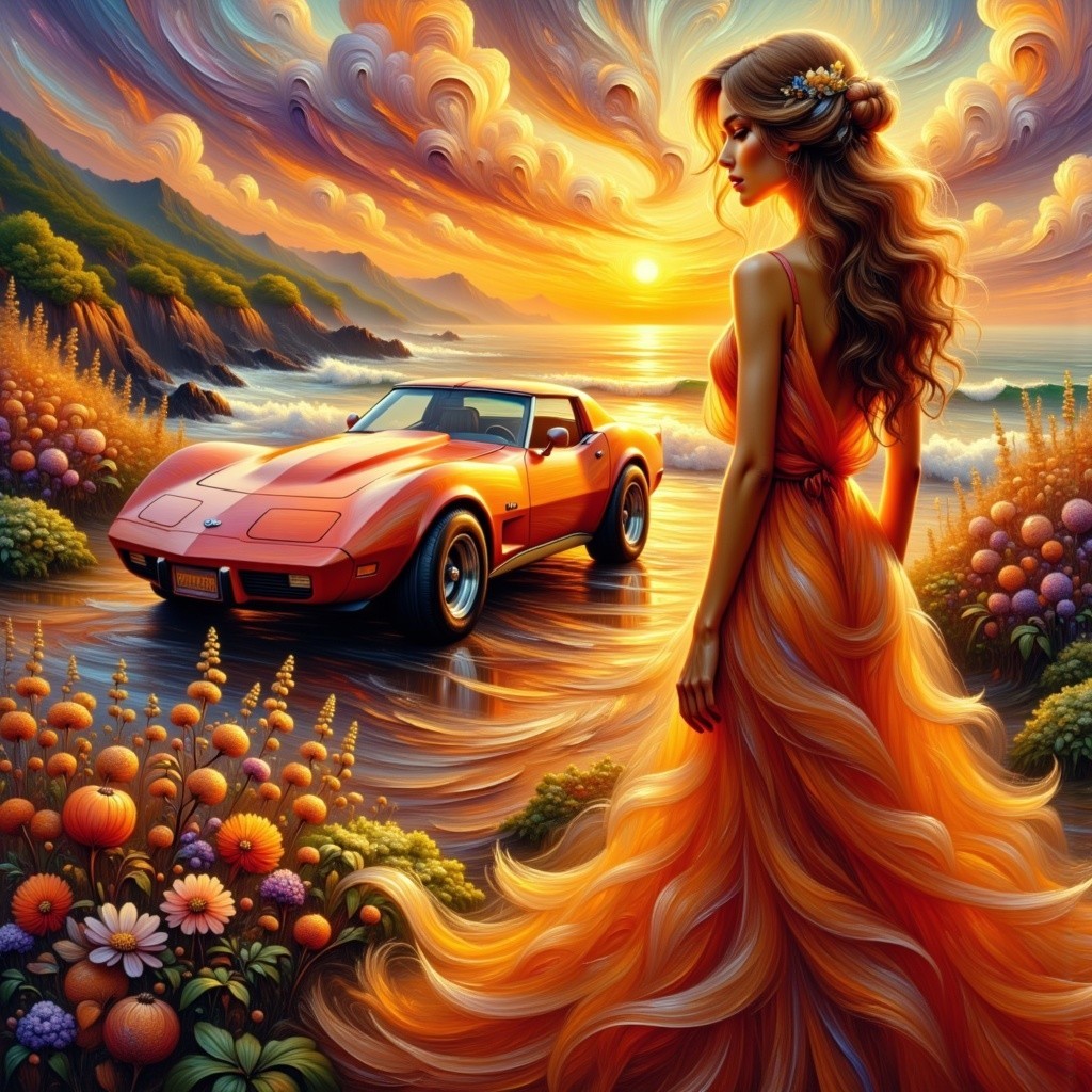 Sunset Scene with Woman, Sports Car, and Coastline