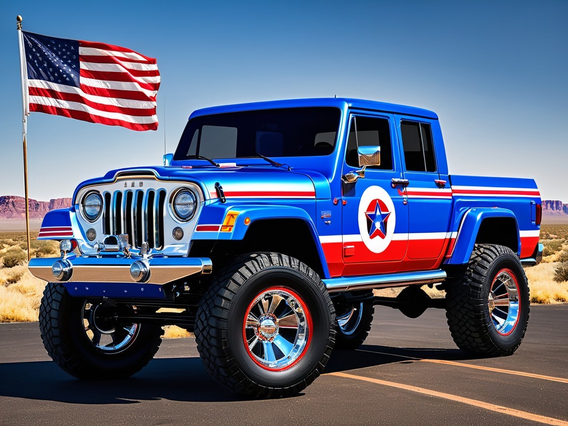 Custom Jeep Truck with Star Motifs on Desert Highway