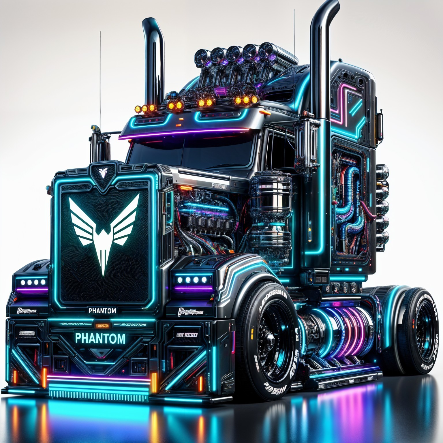 Futuristic Truck with Metallic Design and Neon Lights