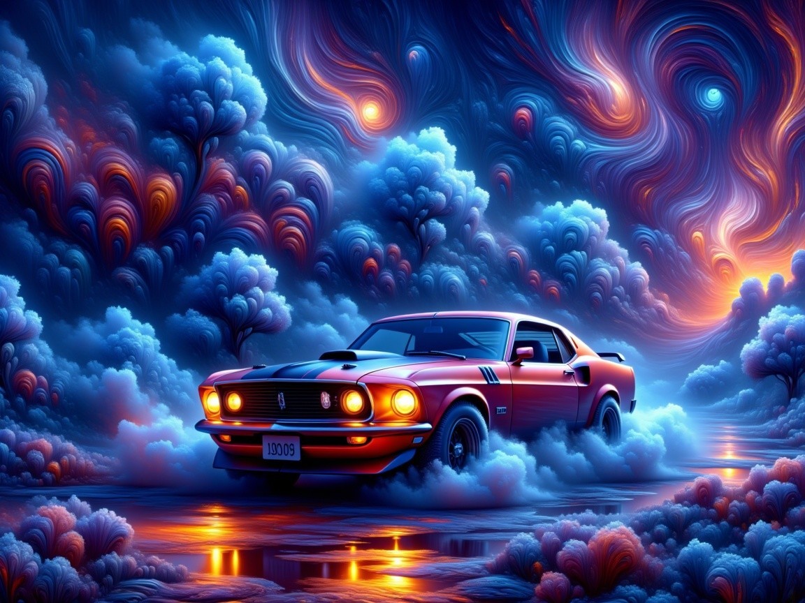 Classic Red Muscle Car in Dreamlike Landscape