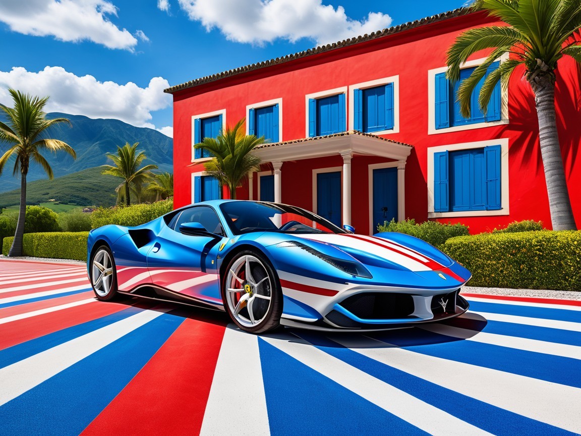 Sleek Sports Car in Front of Red Villa and Mountains