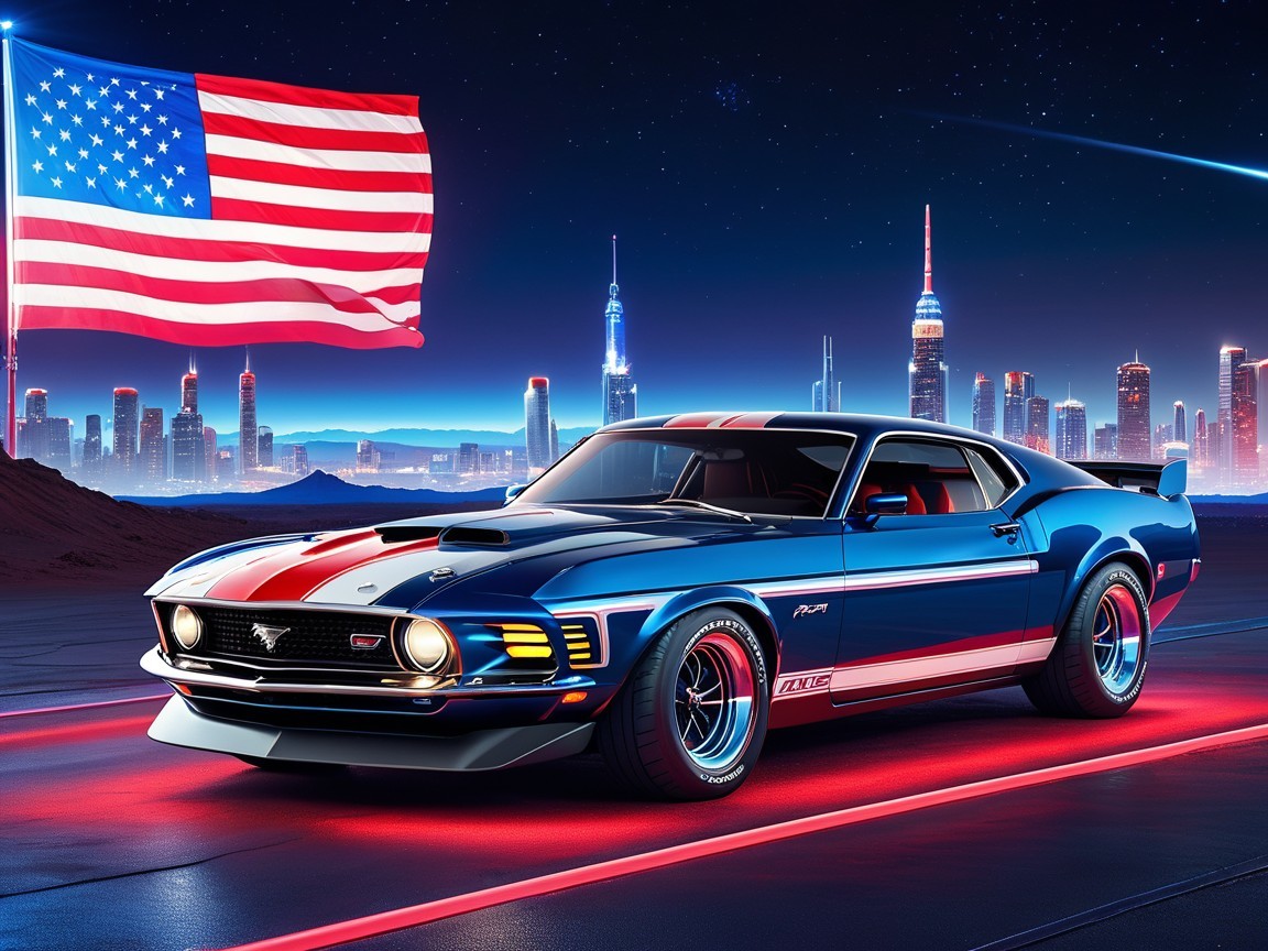 Classic 1970s Muscle Car with Futuristic Skyline Backdrop