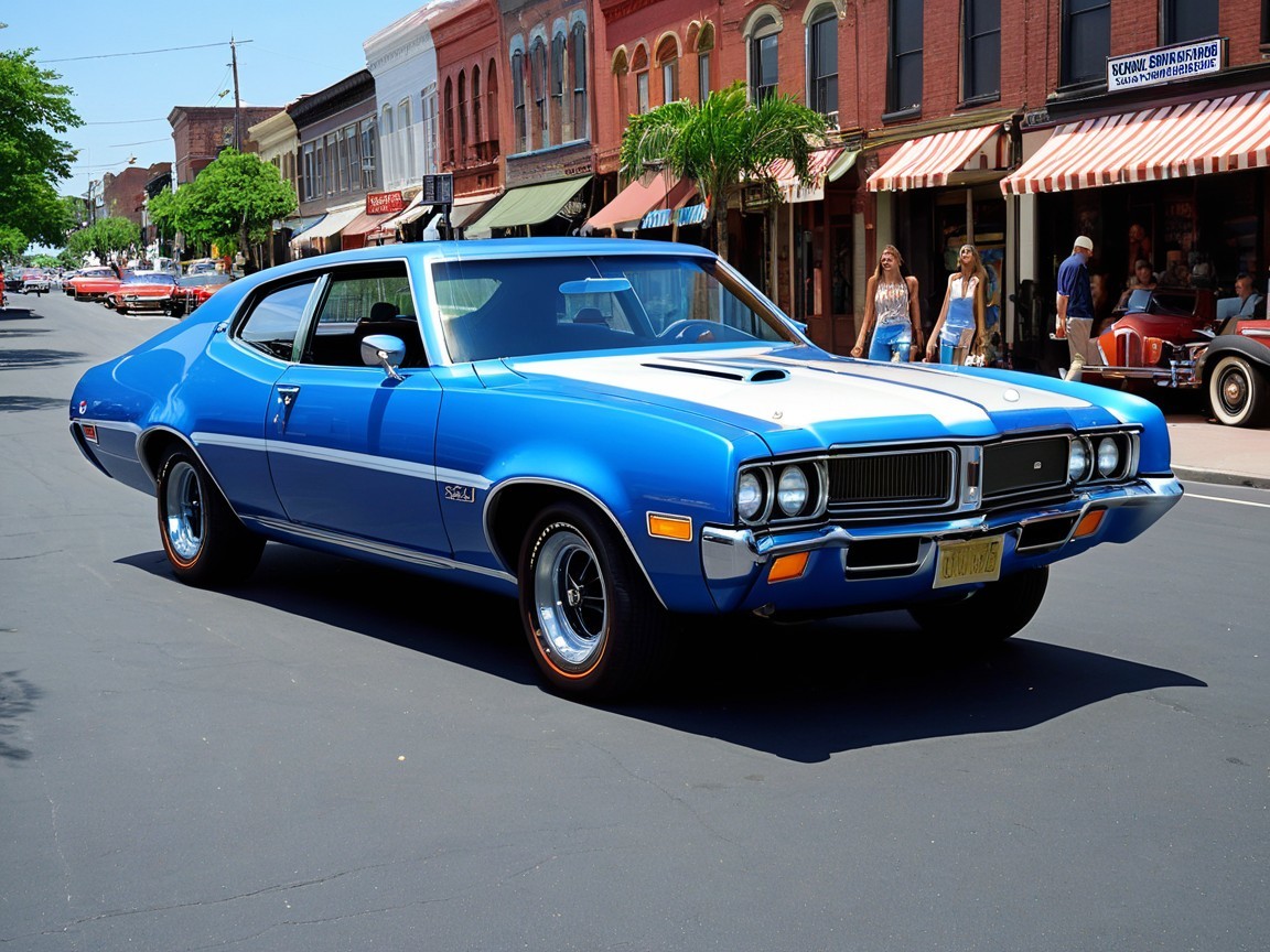 Classic Blue and White Muscle Car on Vintage Street