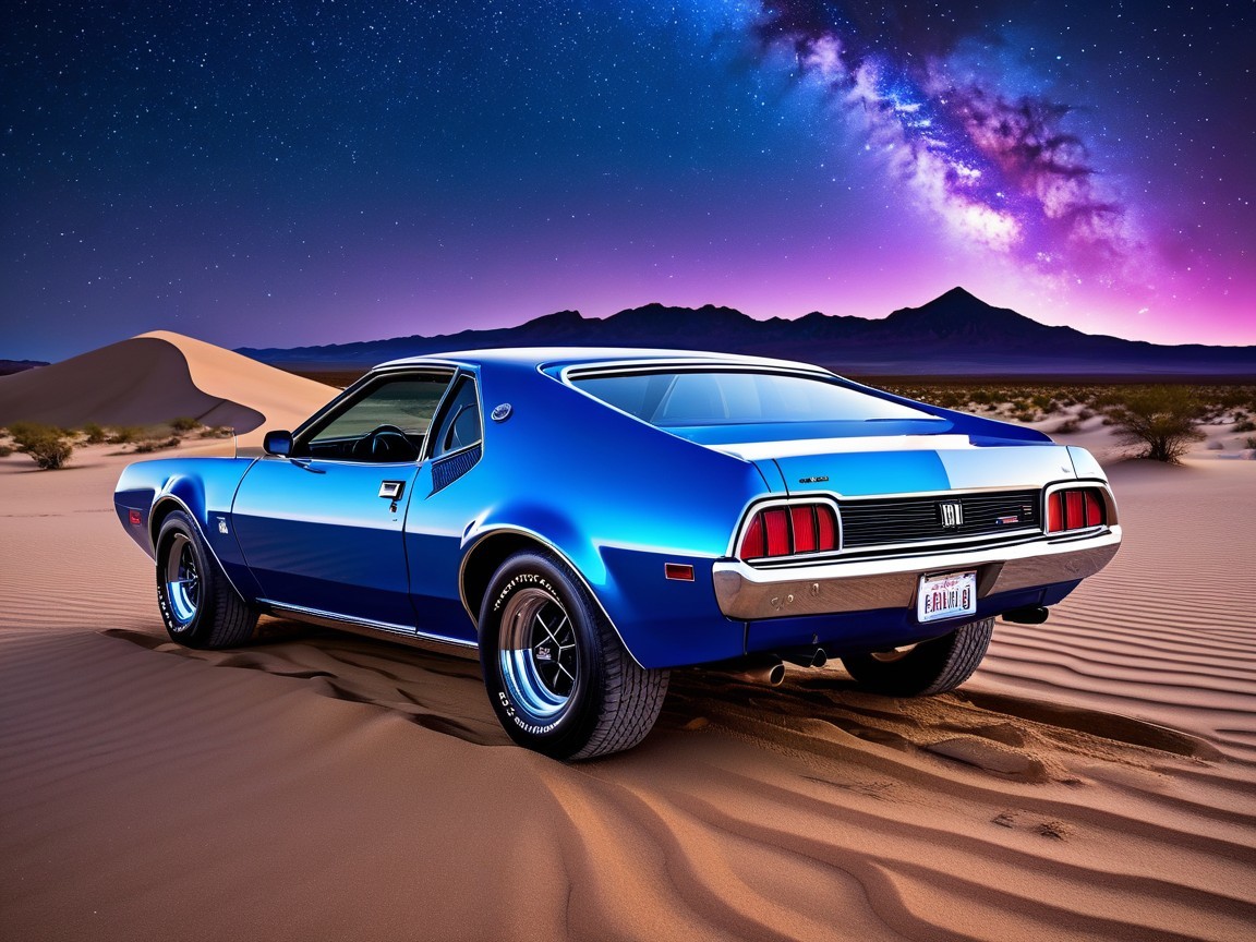Vintage Blue Car on Golden Sand Dunes at Night