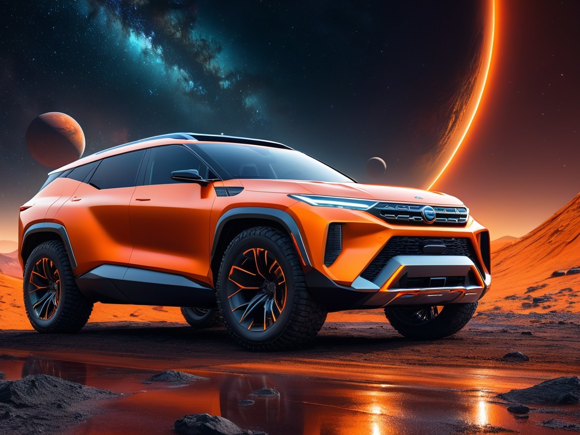 Futuristic Orange SUV in Extraterrestrial Landscape