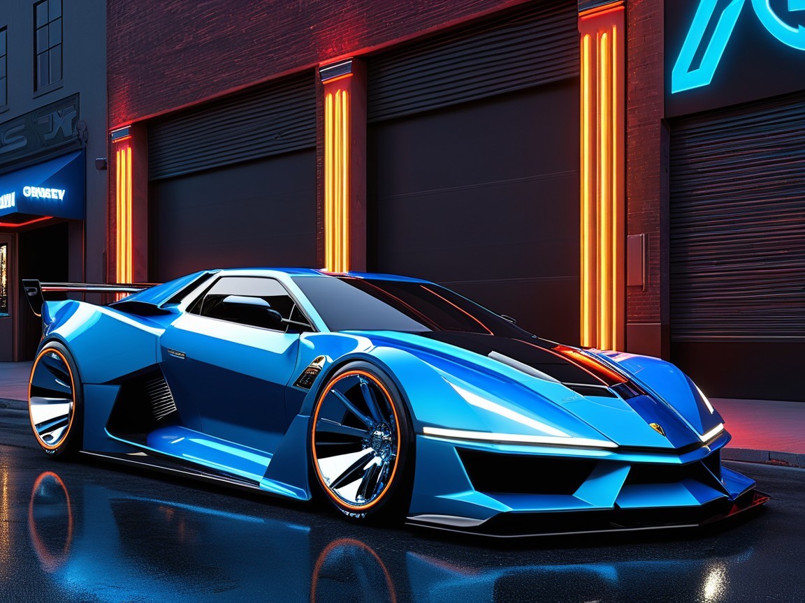 Futuristic Blue Sports Car in Urban Night Setting