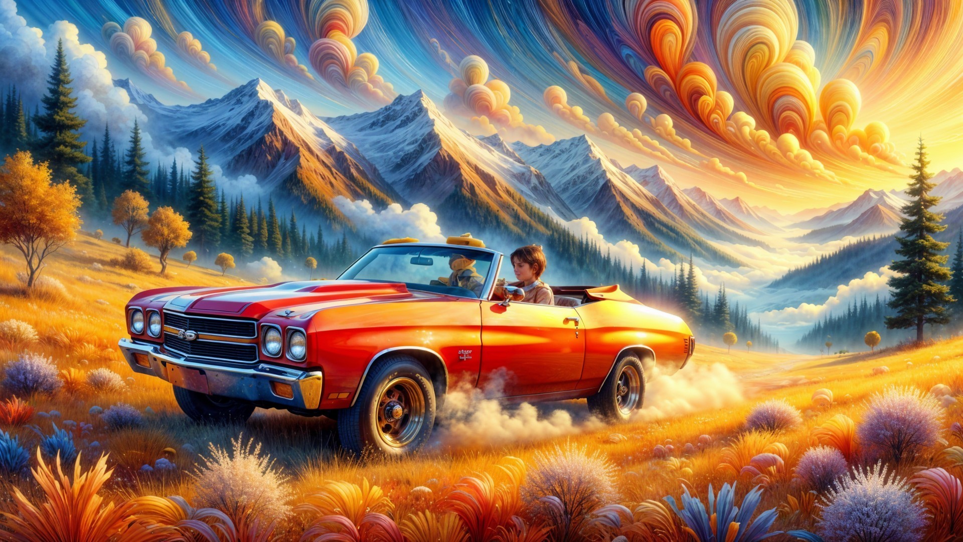 Red Convertible Car in Scenic Mountain Landscape
