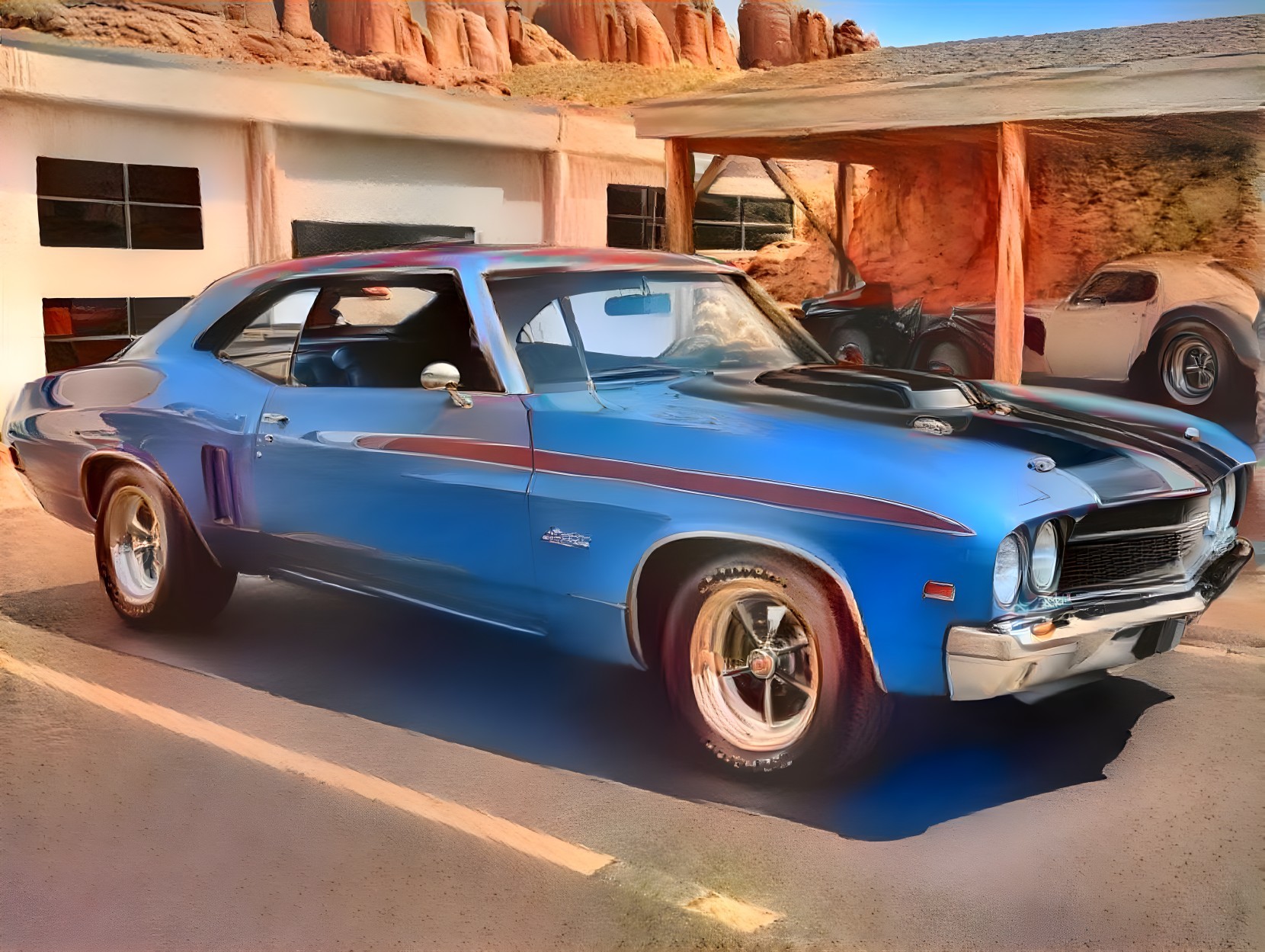 Classic blue muscle car under rustic shelter