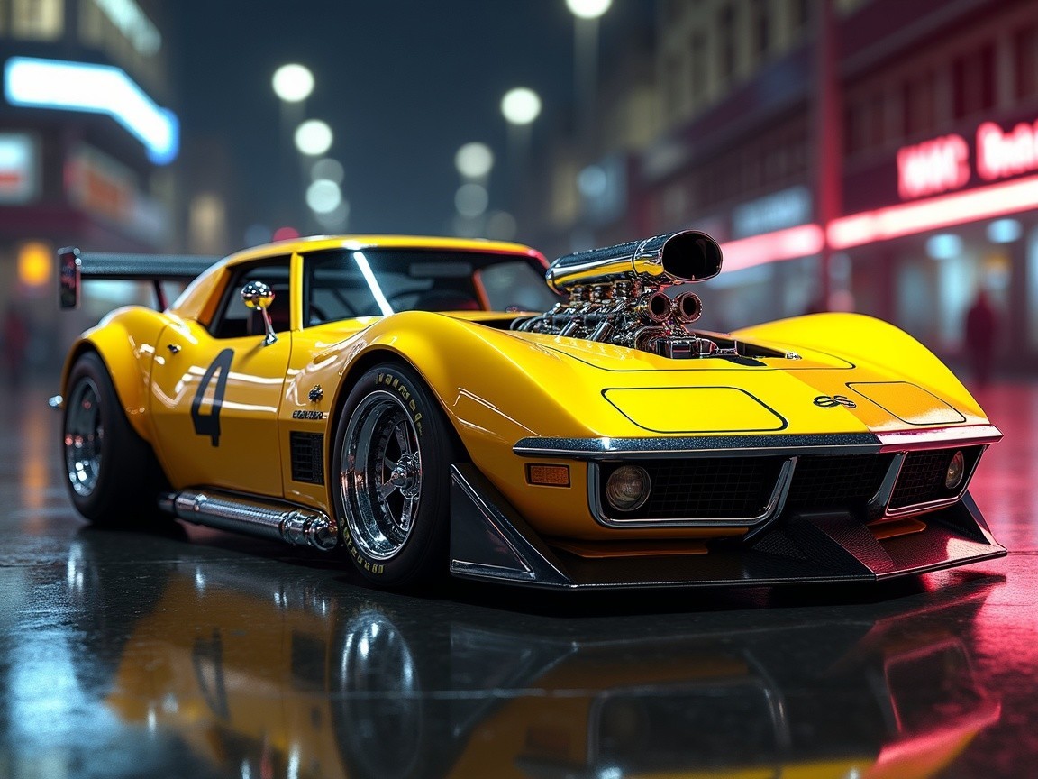 Yellow Sports Car on Reflective Wet Street at Night