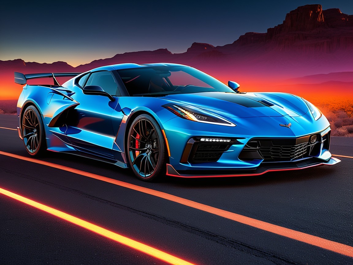 Sleek Blue Sports Car on Winding Road at Sunset