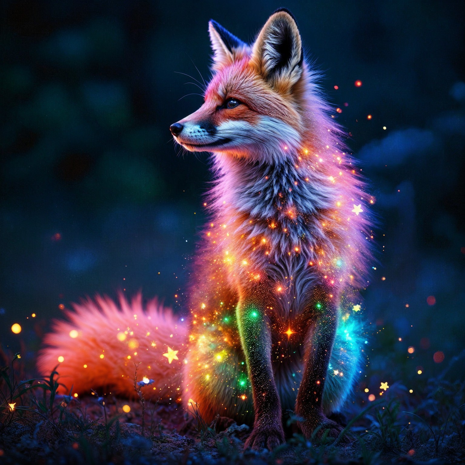 Majestic fox illuminated by colorful stars and lights