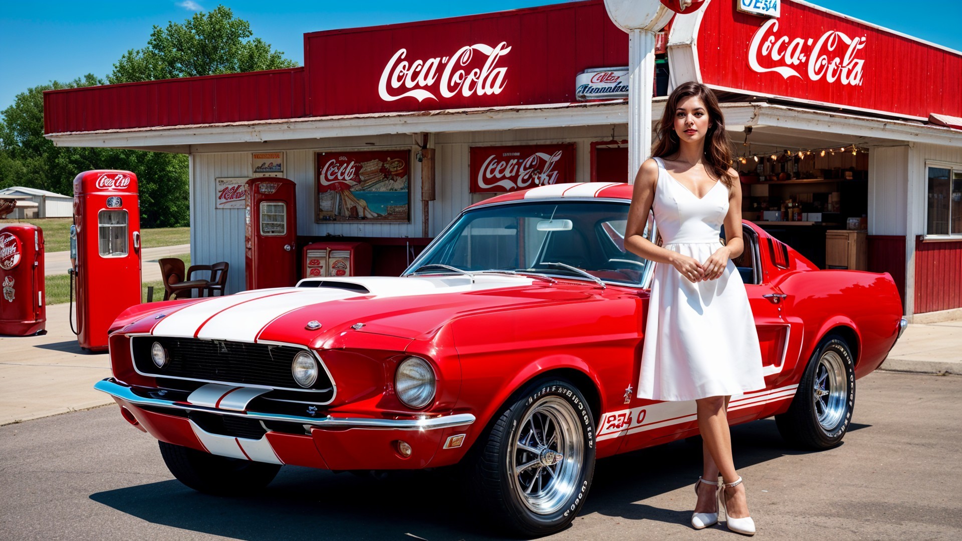 Red Vintage Mustang at Classic Coca-Cola Gas Station