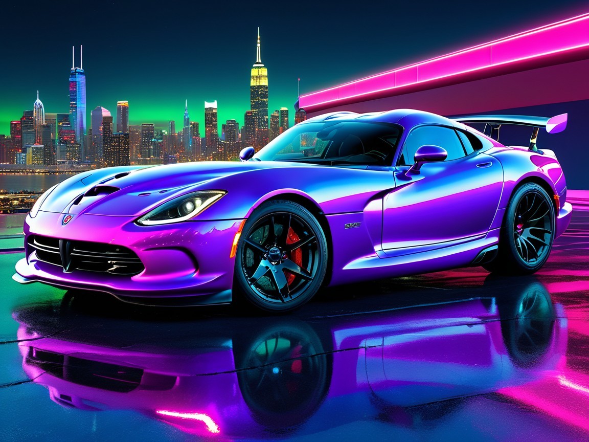 Vibrant Purple Sports Car Against City Skyline at Night