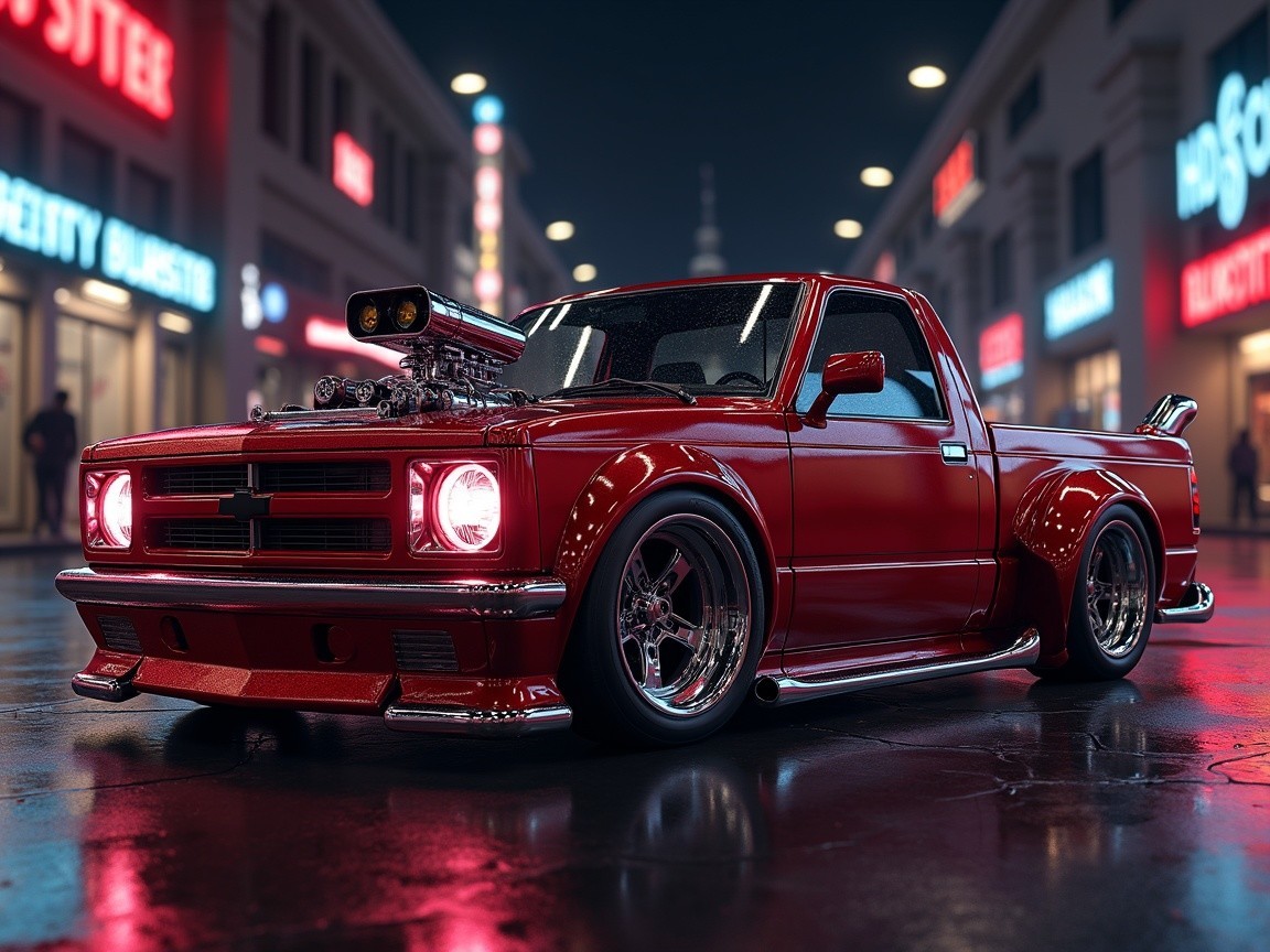 Retro Pickup Truck in Vibrant City Street at Night