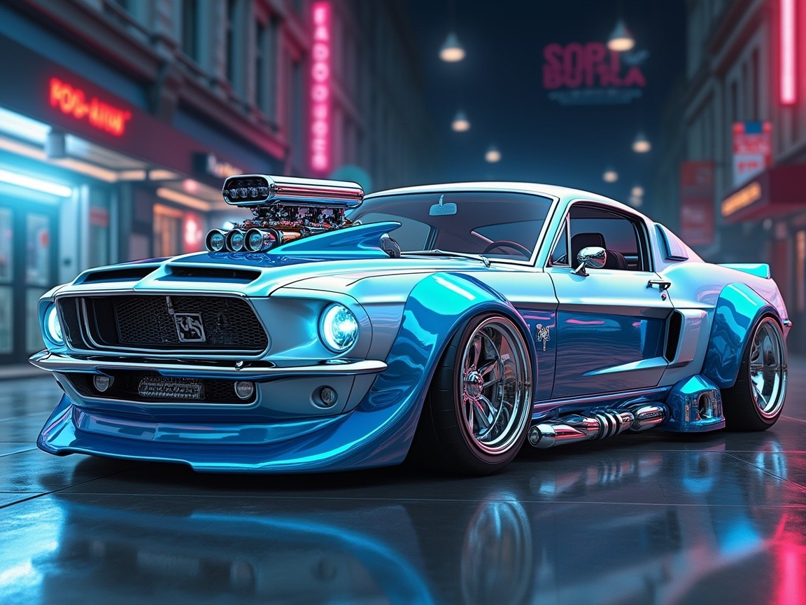 Vintage Blue Muscle Car on Neon-Lit Street at Night
