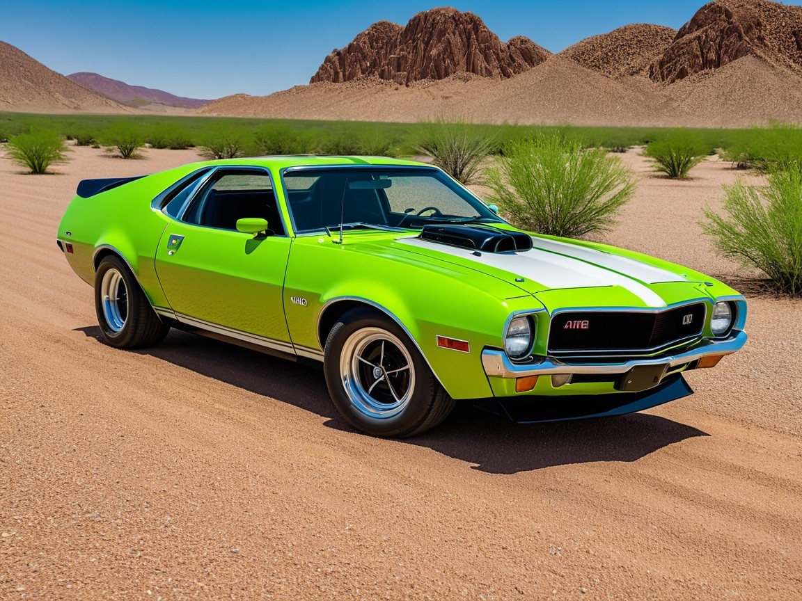 Vibrant Green Classic Muscle Car in Desert Landscape