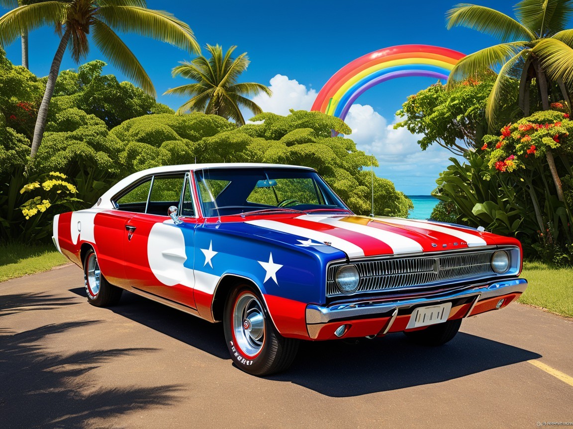 Classic Car in Tropical Paradise with Rainbow Backdrop