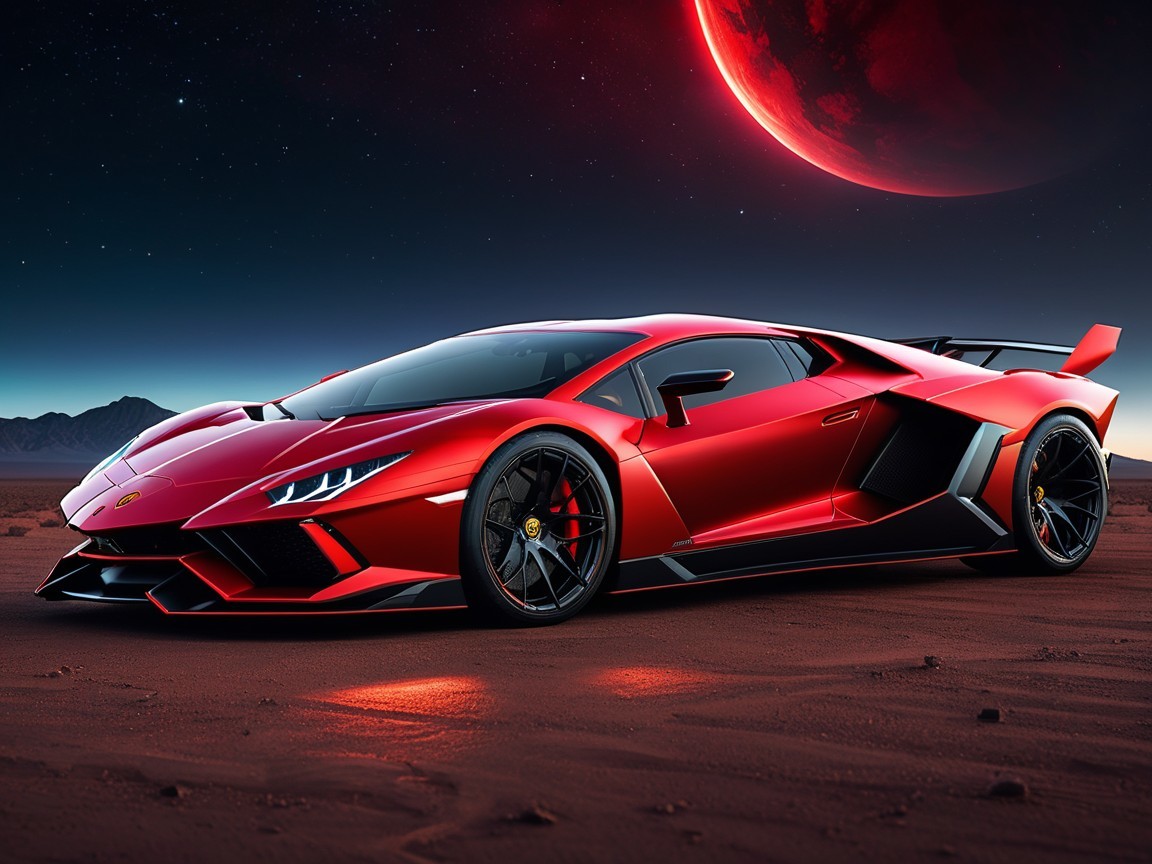 Red Lamborghini Aventador in Alien Landscape Scene