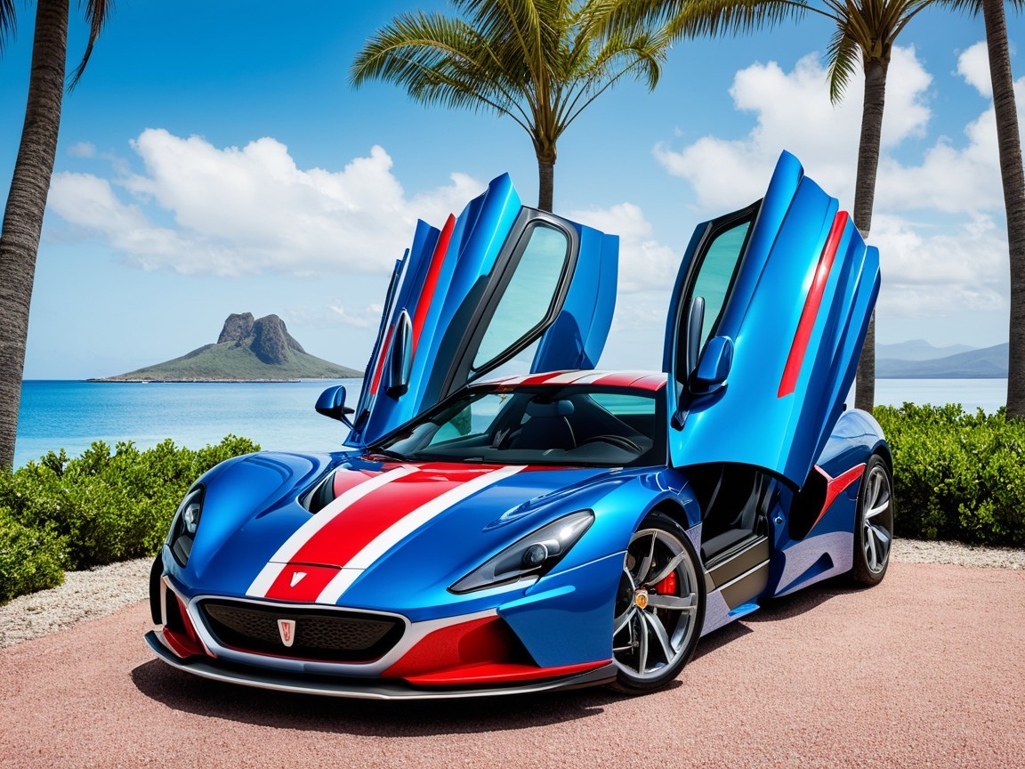 Blue Hypercar with Red Accents by Coastal Landscape
