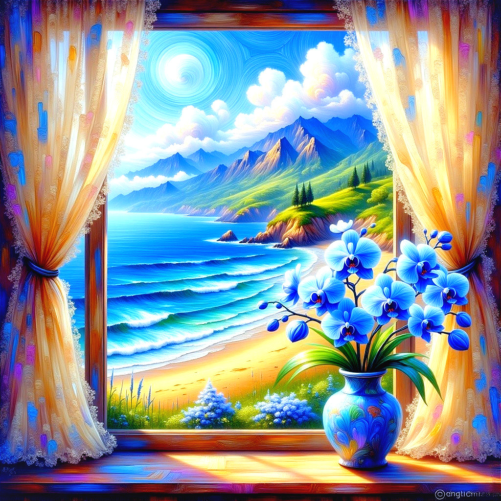 Vibrant Beach Landscape with Blue Orchids in Foreground
