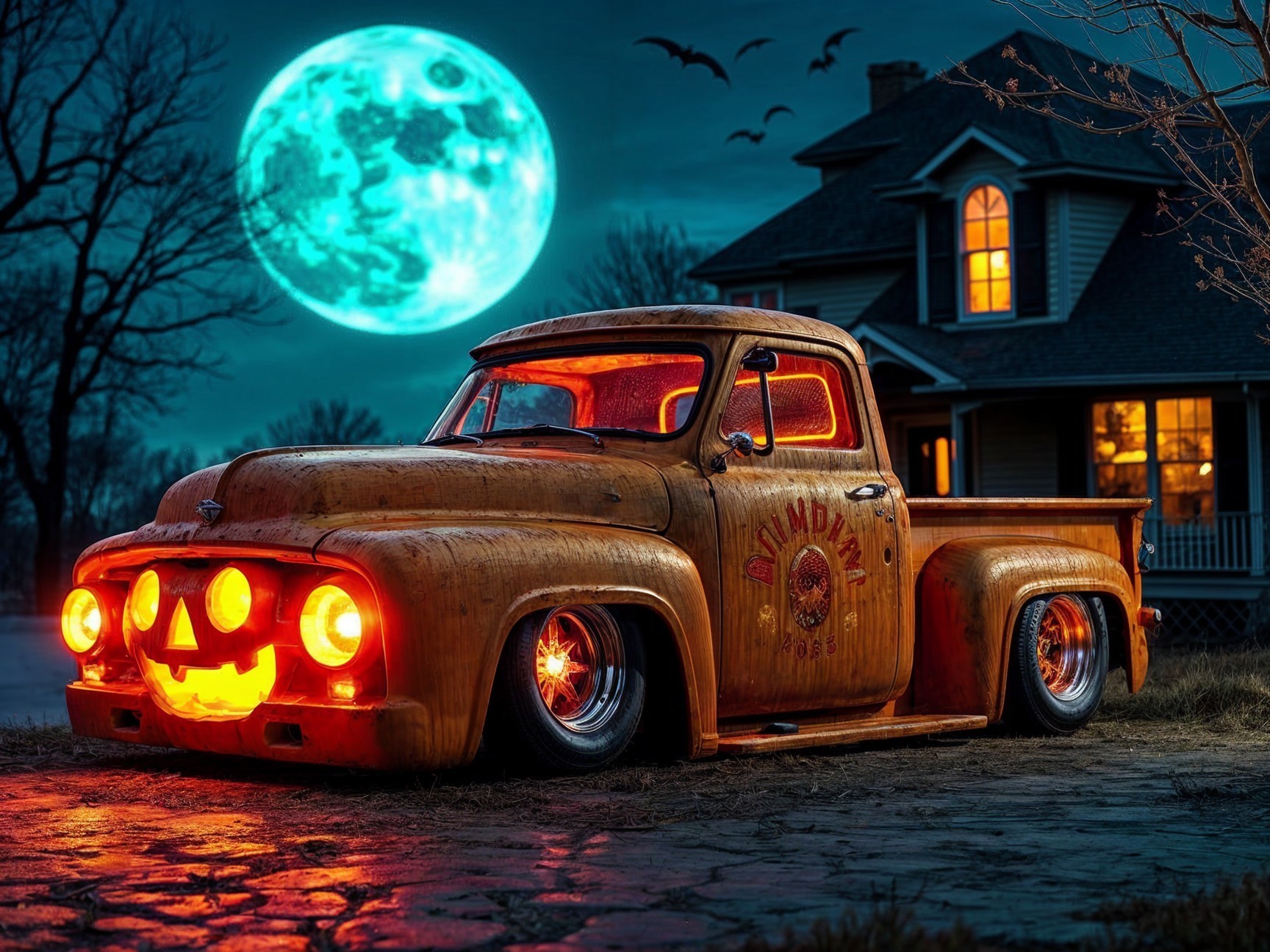 Vintage pickup truck with Halloween ambiance under moon