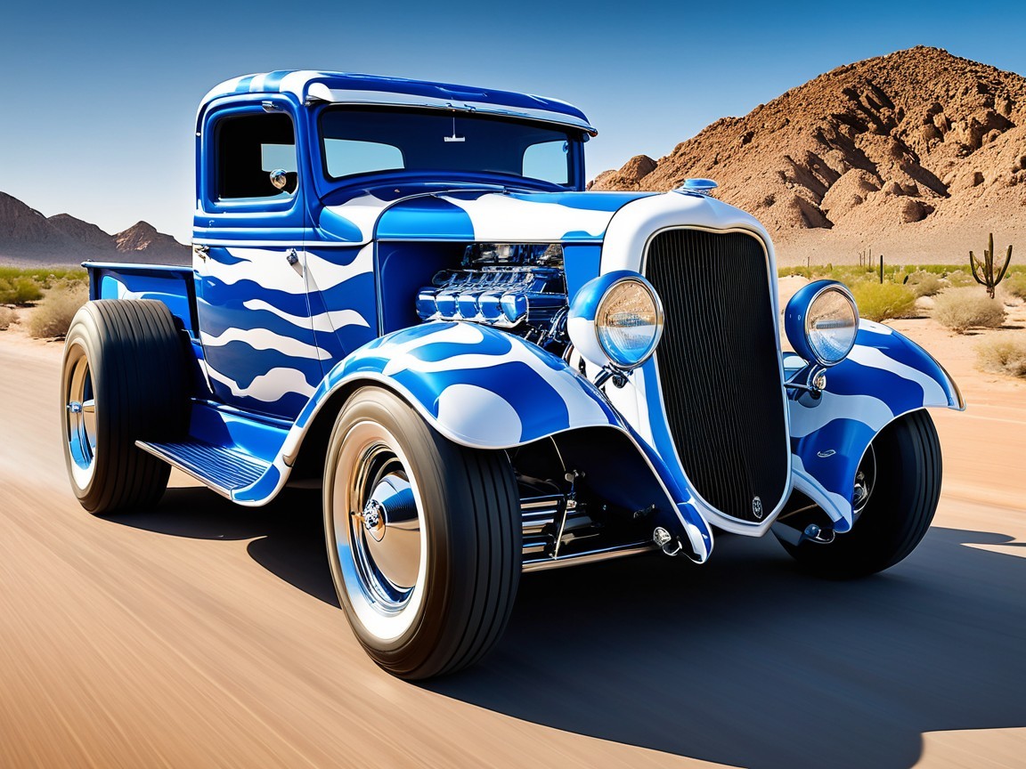 1930s Pickup Truck with Blue Flame Paint in Desert