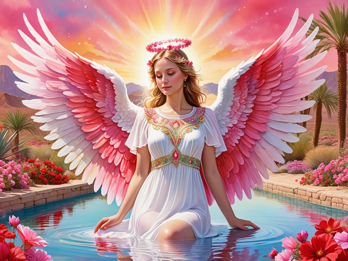 Blonde Angel in Water Amidst Desert Landscape